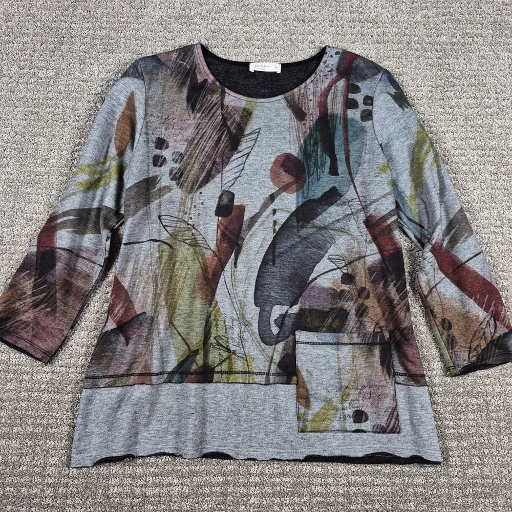 Jess & Jane Top Womens M Gray Isabella Abstract Art to Wear 3/4 Sleeve Tunic